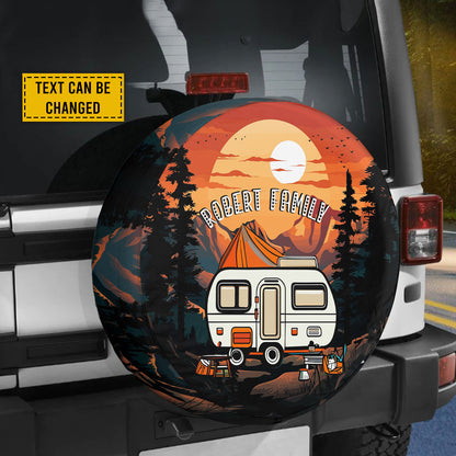 Petthouse | Customized Text Sunset Mountains River Landscape Camping Truck Spare Tire Cover Happy Camper Car Accessory