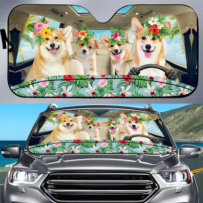 Petthouse | Corgi Car Sun Shade Windshield Corgi Family Driving Car Window Shade Front Dog Hello Summer