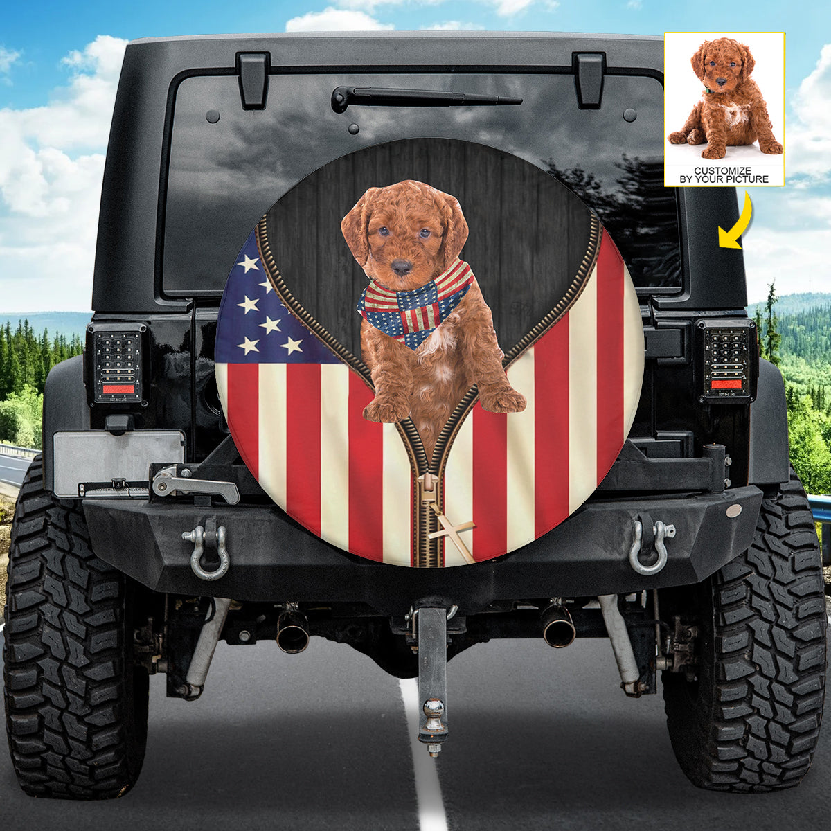 Petthouse | Red Poodle Customized Photo Spare Tire Cover Dog Patriotic Tire Protector Covers Canvas Tire