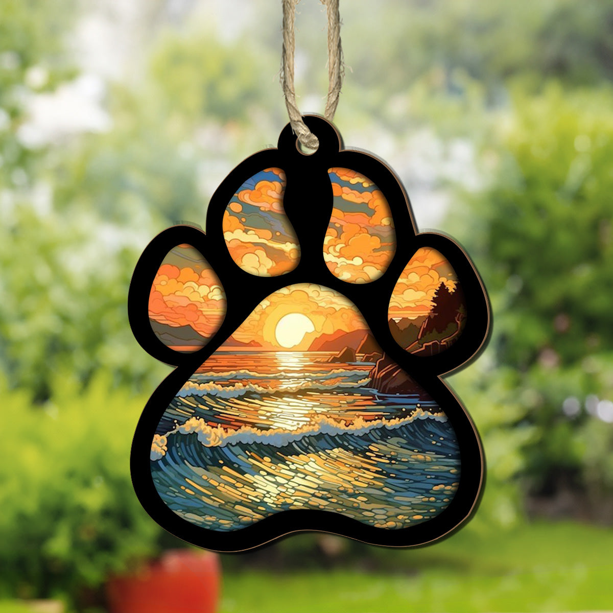 Petthouse | Personalized Dog Paw Memorial Suncatcher Ornament, Custom Sunset Background Pet Sympathy Gift