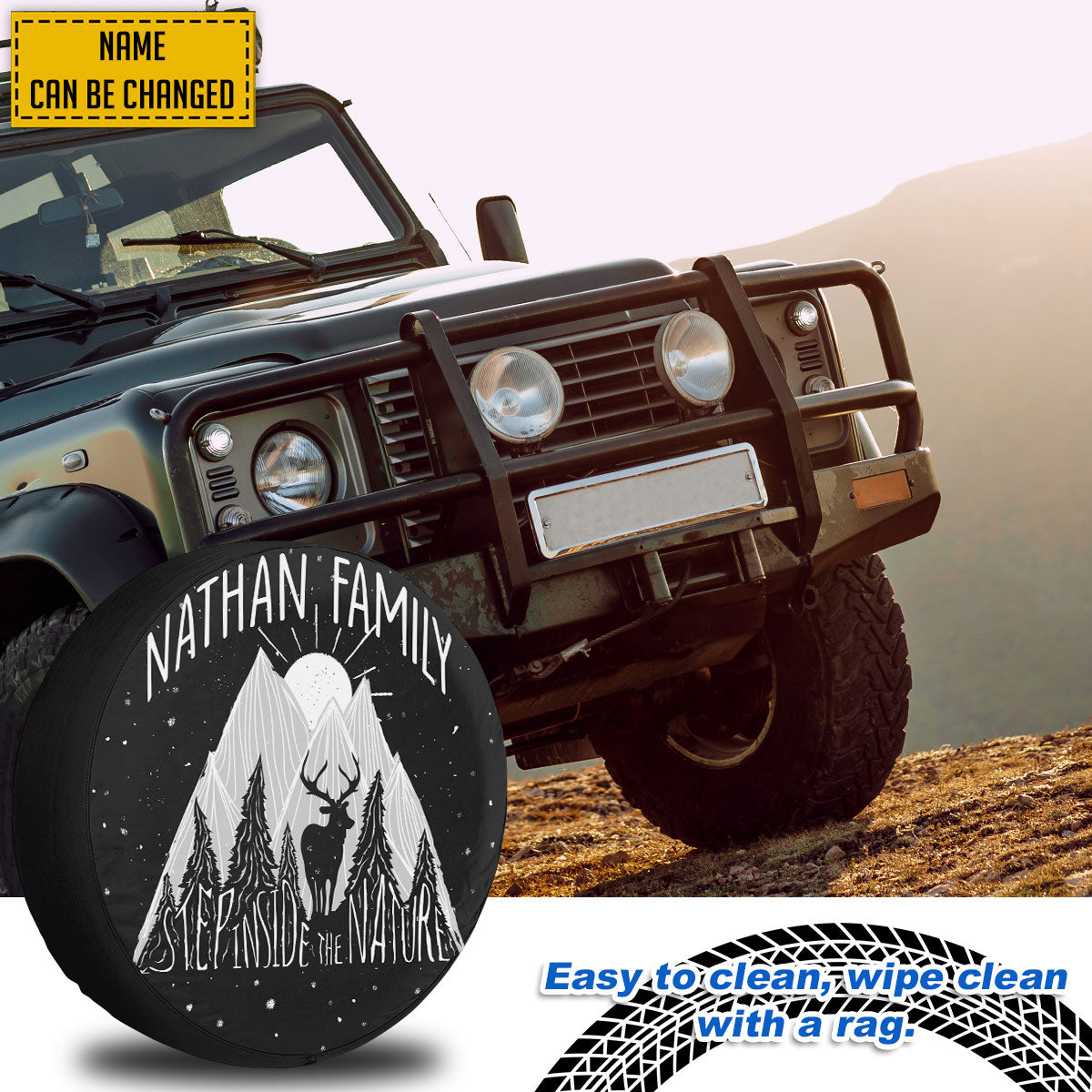 Petthouse | Customized Name Deer Mountains Sun Forest Landscape Spare Tire Cover Truck Decoration Camping Lovers Gift