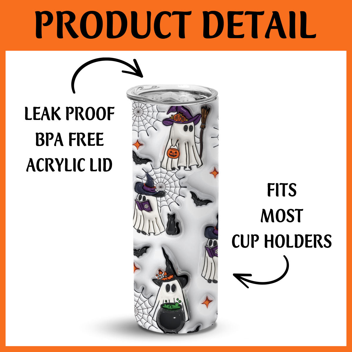 Petthouse | Halloween Ghost Skinny Tumbler, Cute Ghost 3d Inflated Tumbler, Witch Ghost, Ice Coffee Cup