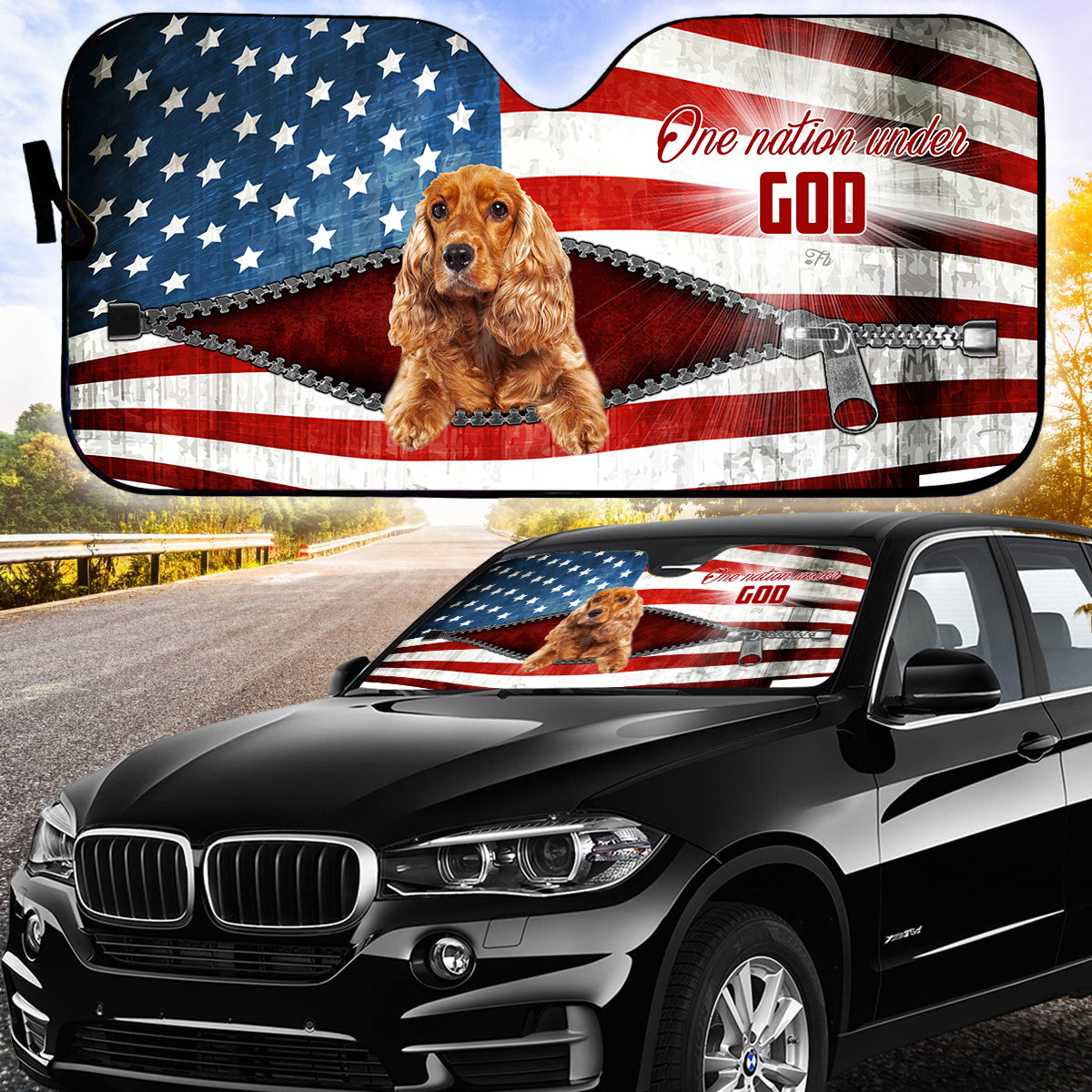 Petthouse | English Cocker Spaniel Windshield Sun Shade American Flag Windshield Cover One Nation Under God