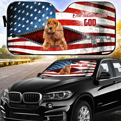 Petthouse | English Cocker Spaniel Windshield Sun Shade American Flag Windshield Cover One Nation Under God