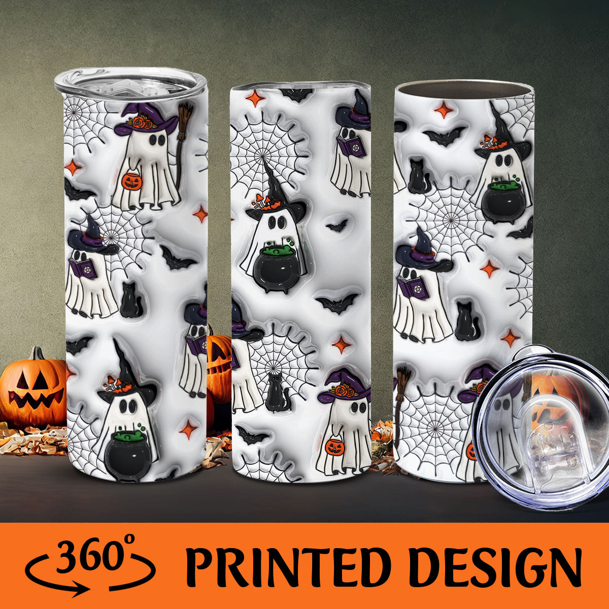 Petthouse | Halloween Ghost Skinny Tumbler, Cute Ghost 3d Inflated Tumbler, Witch Ghost, Ice Coffee Cup