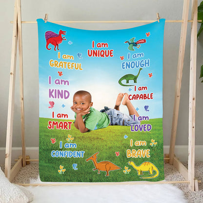 Petthouse | Dinosaur Grandson Picture Blanket Personalized Photo, Grandson I Am Unique, Positive Confirmation