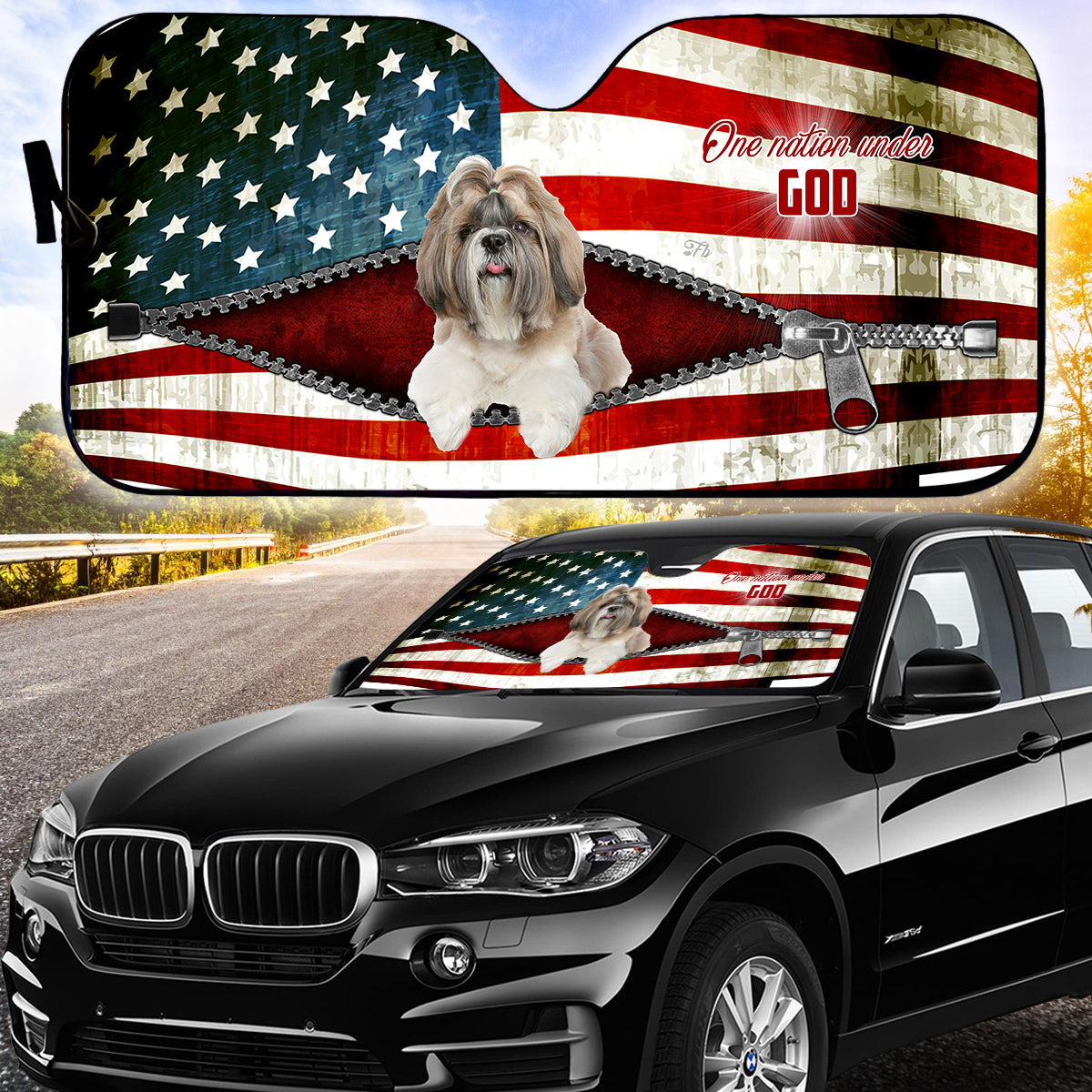 Petthouse | Dog Sunshade American Flag Windshield Cover Shih Tzu Dog One Nation Under God Car Sunshade