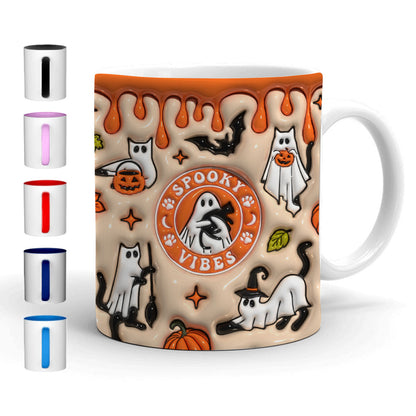 Petthouse | Halloween Cat Spooky Vibes Mug, Ghost Cat Halloween Inflated 3d Ceramic Mug, Spooky Vibes Mug