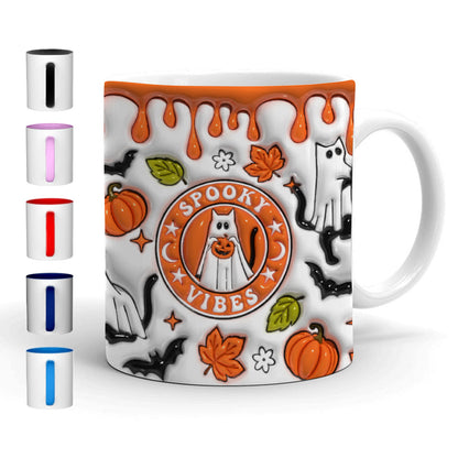 Petthouse | Cat Spooky Vibes Inflated 3d Mug, Cat Ghost Halloween, Spooky Vibes Cute Ghost Boo