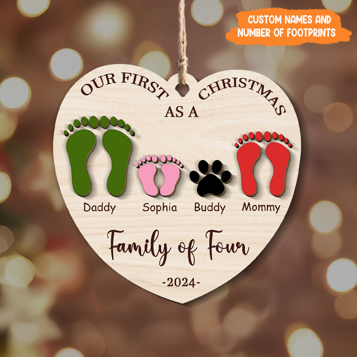 Petthouse | Personalized Family Wooden Ornament, First Christmas As A Family Of Four Footprints Ornament