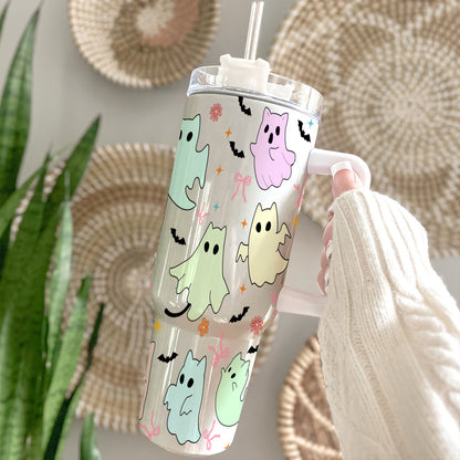 Petthouse | Cute Ghost Cats Halloween 40Oz Tumbler, Ghost Cat Stainless Steel Tumbler, Cat Ice Coffee Cup