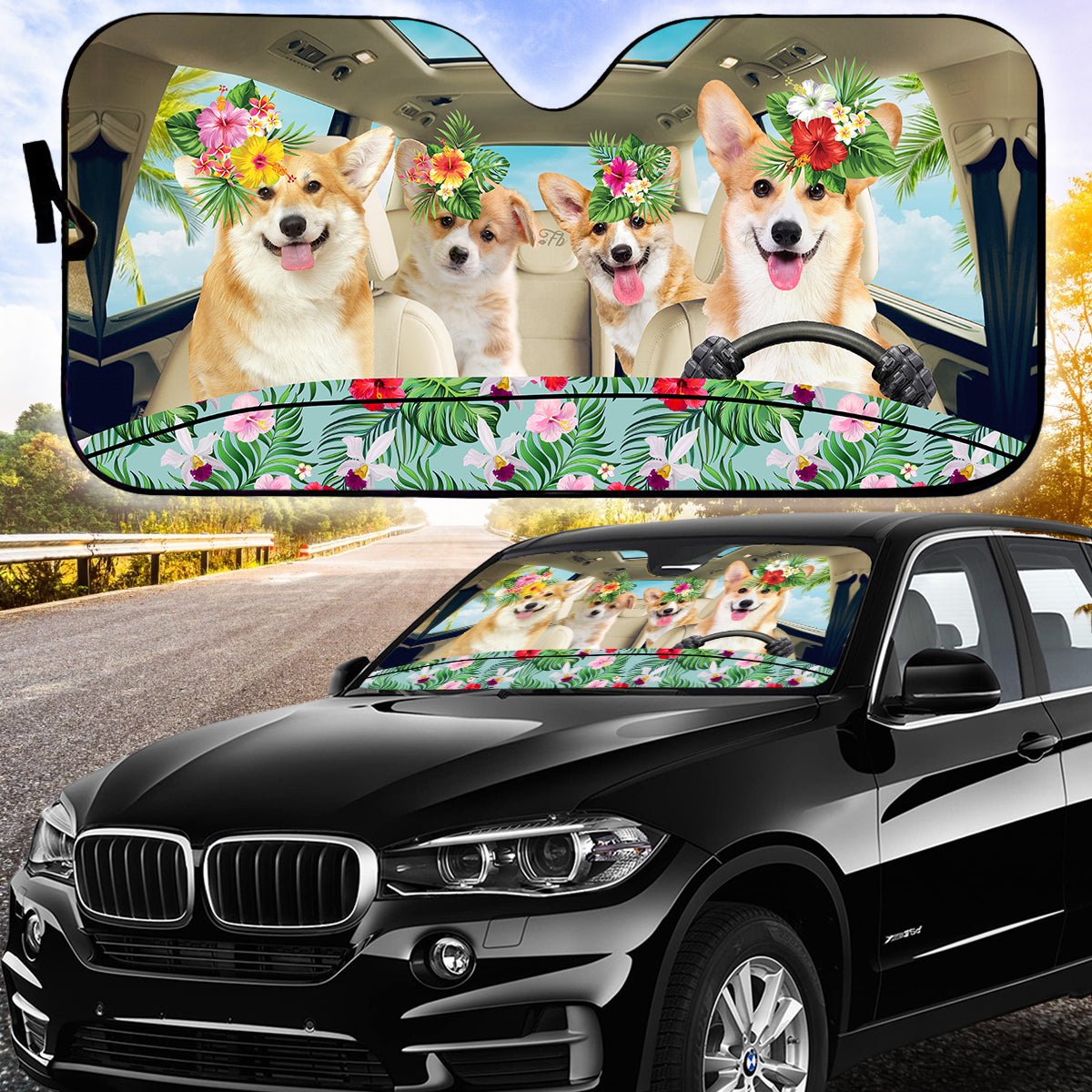 Petthouse | Corgi Car Sun Shade Windshield Corgi Family Driving Car Window Shade Front Dog Hello Summer