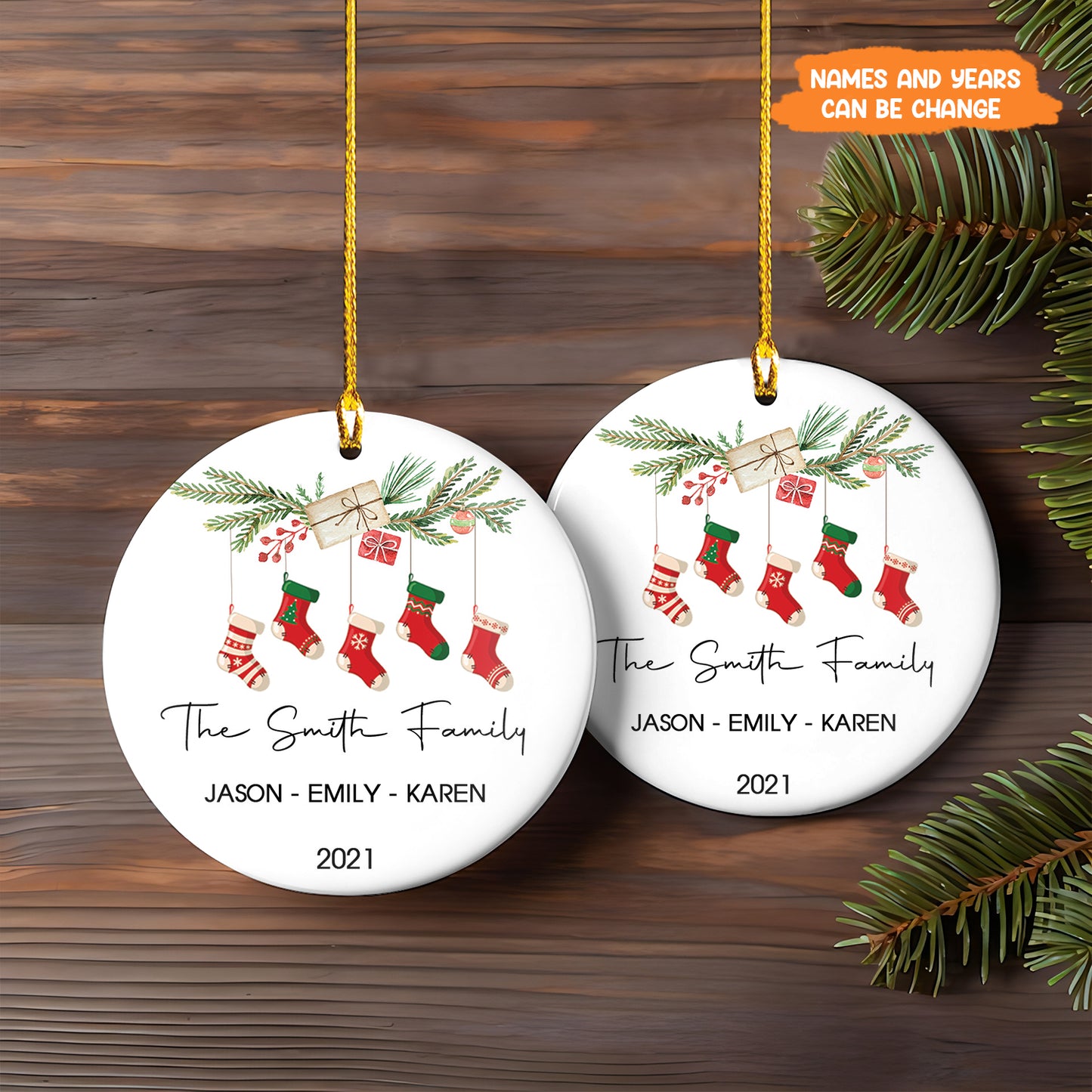 Petthouse | Personalized Family Christmas Ornament, Stockings Family Keepsake, Xmas Ceramic Ornament