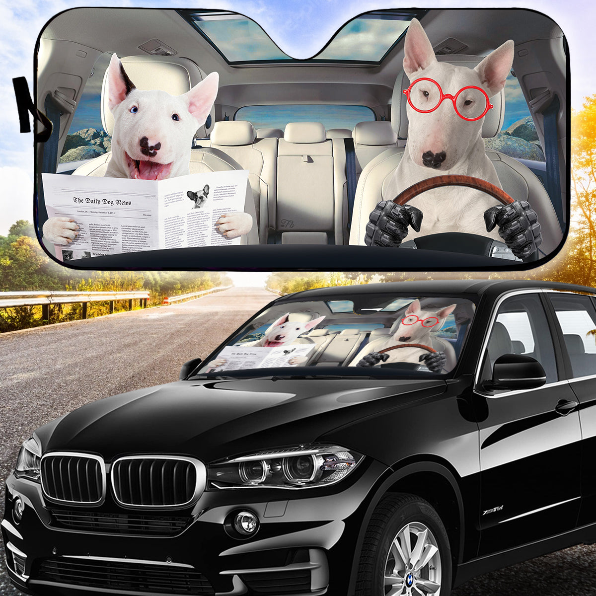 Petthouse | Bull Terrier Reading Newspaper Car Sun Shade Windshield Funny Dog Sunshade Sun Visor For Car