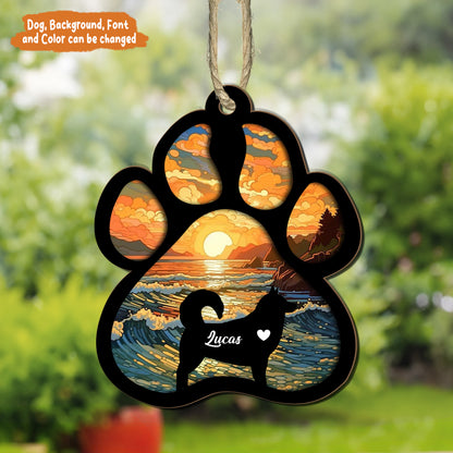 Petthouse | Personalized Dog Paw Memorial Suncatcher Ornament, Custom Sunset Background Pet Sympathy Gift