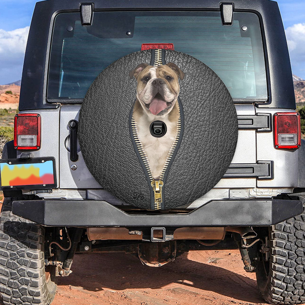 Petthouse | English Bulldog Tire Protector Black Leather Zipper Print Spare Tire Cover English Bulldog Mom Dad