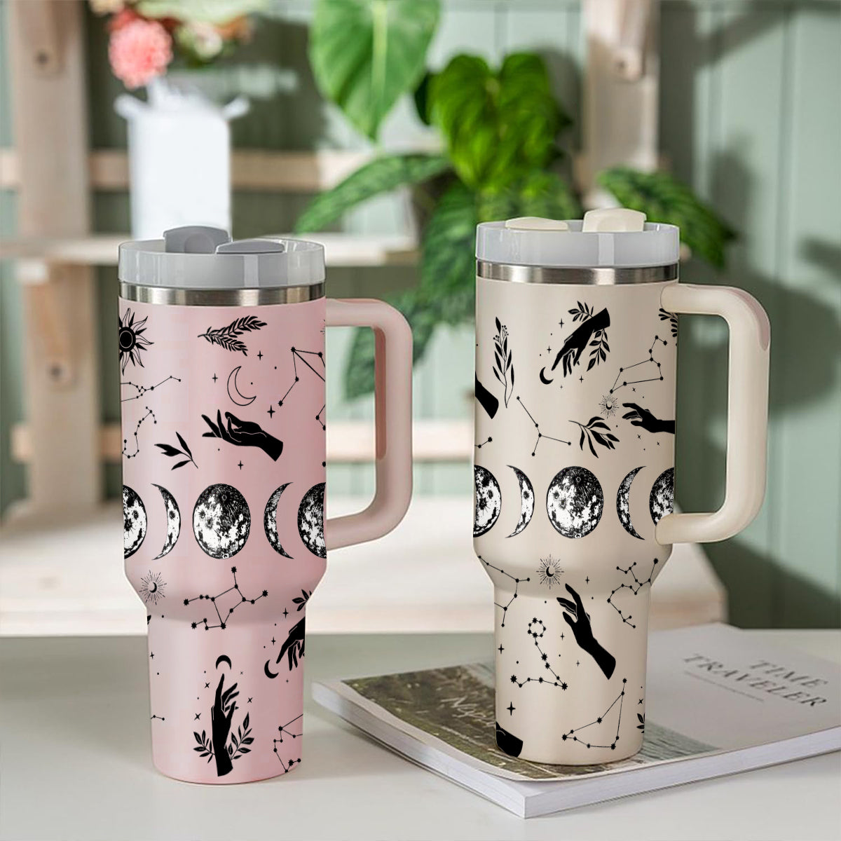 Petthouse | Blood Moon Phase 40oz Tumbler With Handle, Vintage Mysterious Vibes Tumbler, Halloween Cup