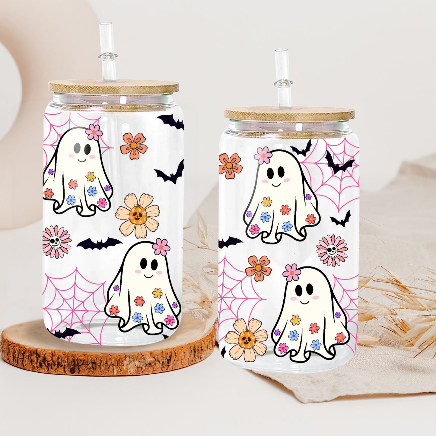 Petthouse | Spooky Ghost Glass Can, Cute Ghost Iced Coffee Glass, Flowers Halloween Glass, Fall Vibes