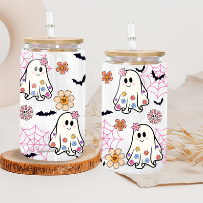 Petthouse | Spooky Ghost Glass Can, Cute Ghost Iced Coffee Glass, Flowers Halloween Glass, Fall Vibes