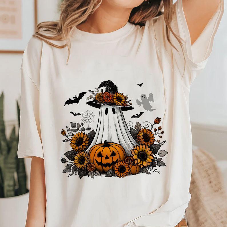 Petthouse | Cute Ghost Pumpkin Shirt, Floral Witch Ghost Pumpkin Shirt, Fall Autumn Halloween