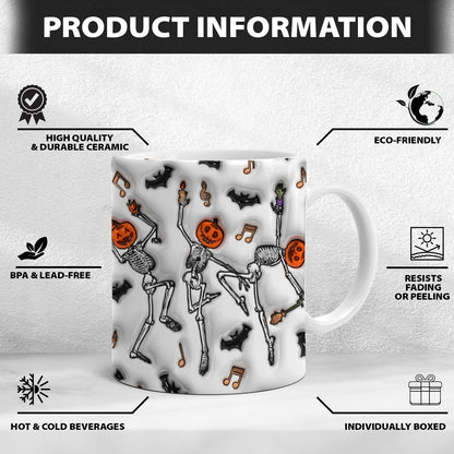 Petthouse | Halloween Skeleton Pumpkin Inflated 3d Mug, Dancing Skeleton Fall Mug, Halloween Coffee