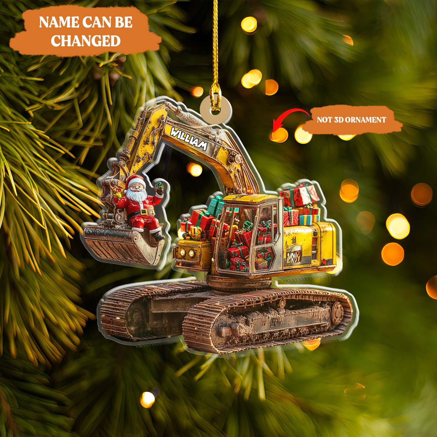 Petthouse | Personalized Excavator 2d Flat Printed Acrylic Ornament, Santa On The Excavator Keepsake