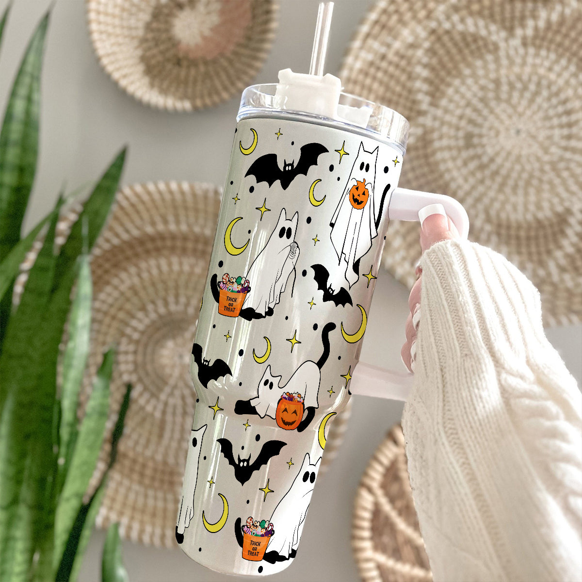 Petthouse | Сute Ghost Cat Tumbler 40oz, Halloween Ghost Cat Tumbler, Spooky Black Cat Stainless Steel Cup, Cat Lovers