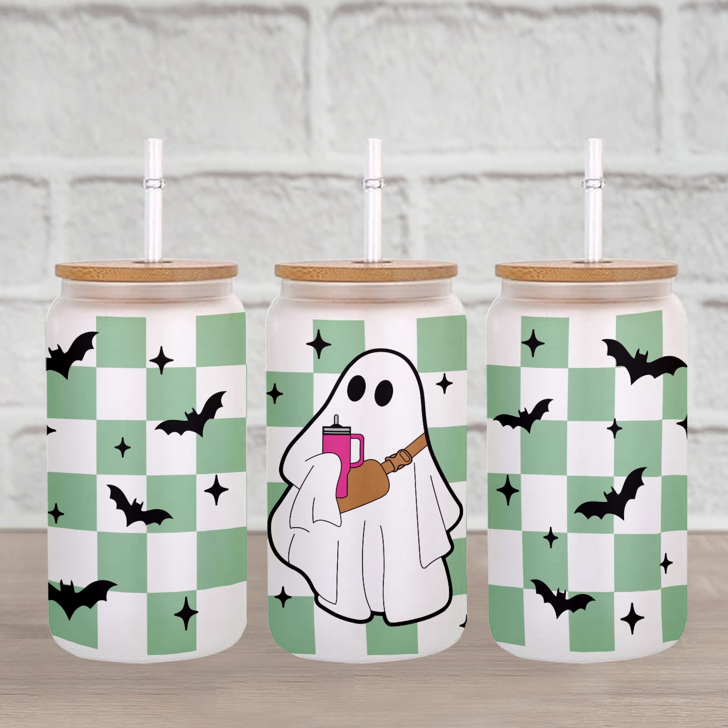 Petthouse | Ghost Halloween Glass Can, Spooky Vibes checkerboard Ghost Glass, Checkered Ghost Coffee