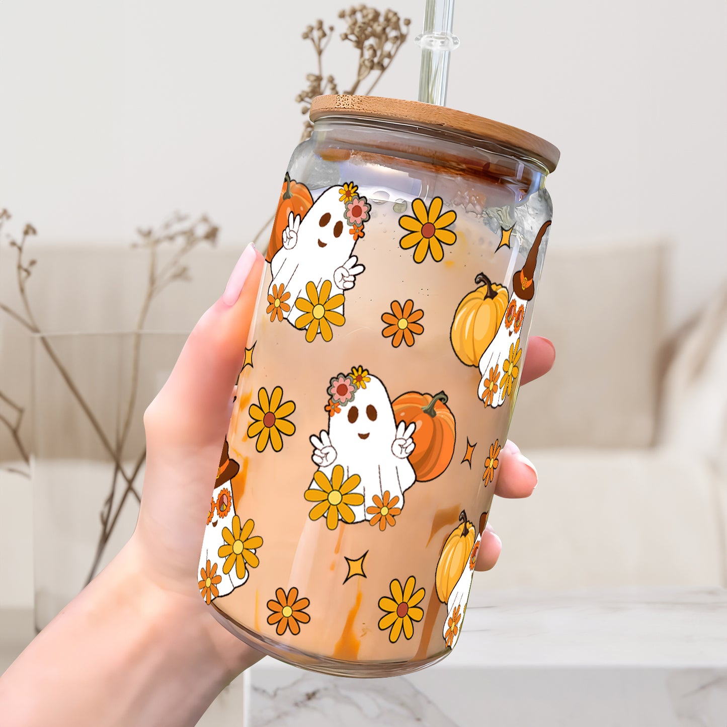 Petthouse | Halloween Ghost Glass Cup, Pumpkin And Ghost Glass Can Wrap, Ghost Halloween Coffee Glass Can