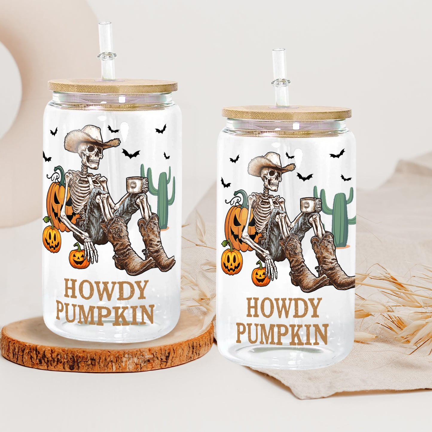 Petthouse | Cowboy Skeleton Drink Coffee Glass Can, Spooky Season, Howdy Pumpkin Glass, Skeleton Libby