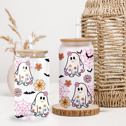 Petthouse | Spooky Ghost Glass Can, Cute Ghost Iced Coffee Glass, Flowers Halloween Glass, Fall Vibes