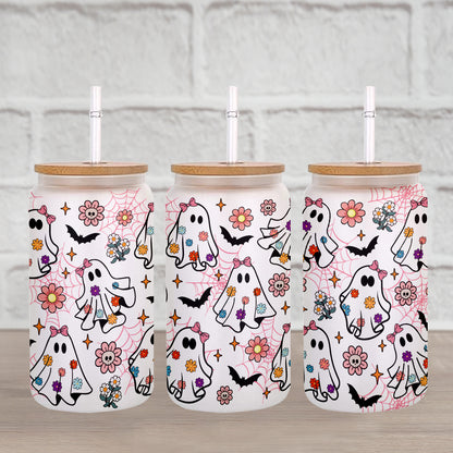 Petthouse | Spooky Ghost Glass Can, Retro Groovy Flowers Ghost Halloween Glass Cup, Ghost Spooky Vibes