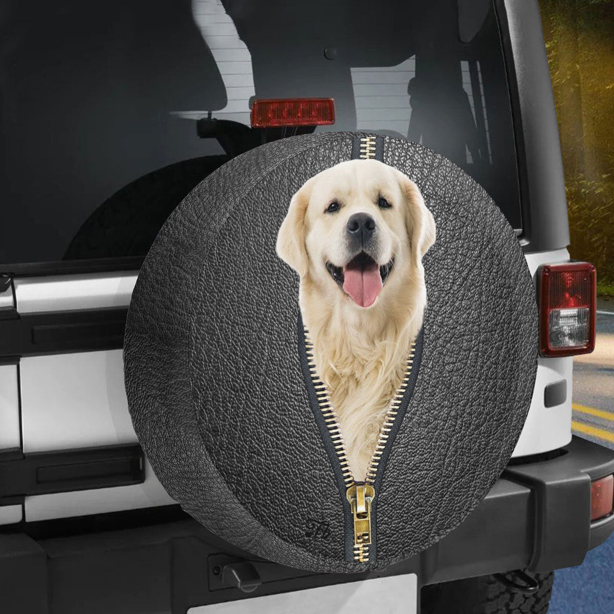 Petthouse | Golden Retriever Black Leather Zipper Spare Tire Cover Dog Cute Spare Wheel Cover Waterproof