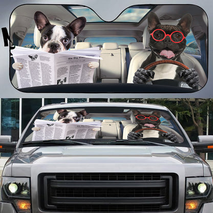 Petthouse | Funny Dog Sunshade French Bulldog Reading Newspaper Windshield Sun Shade Sun Visor