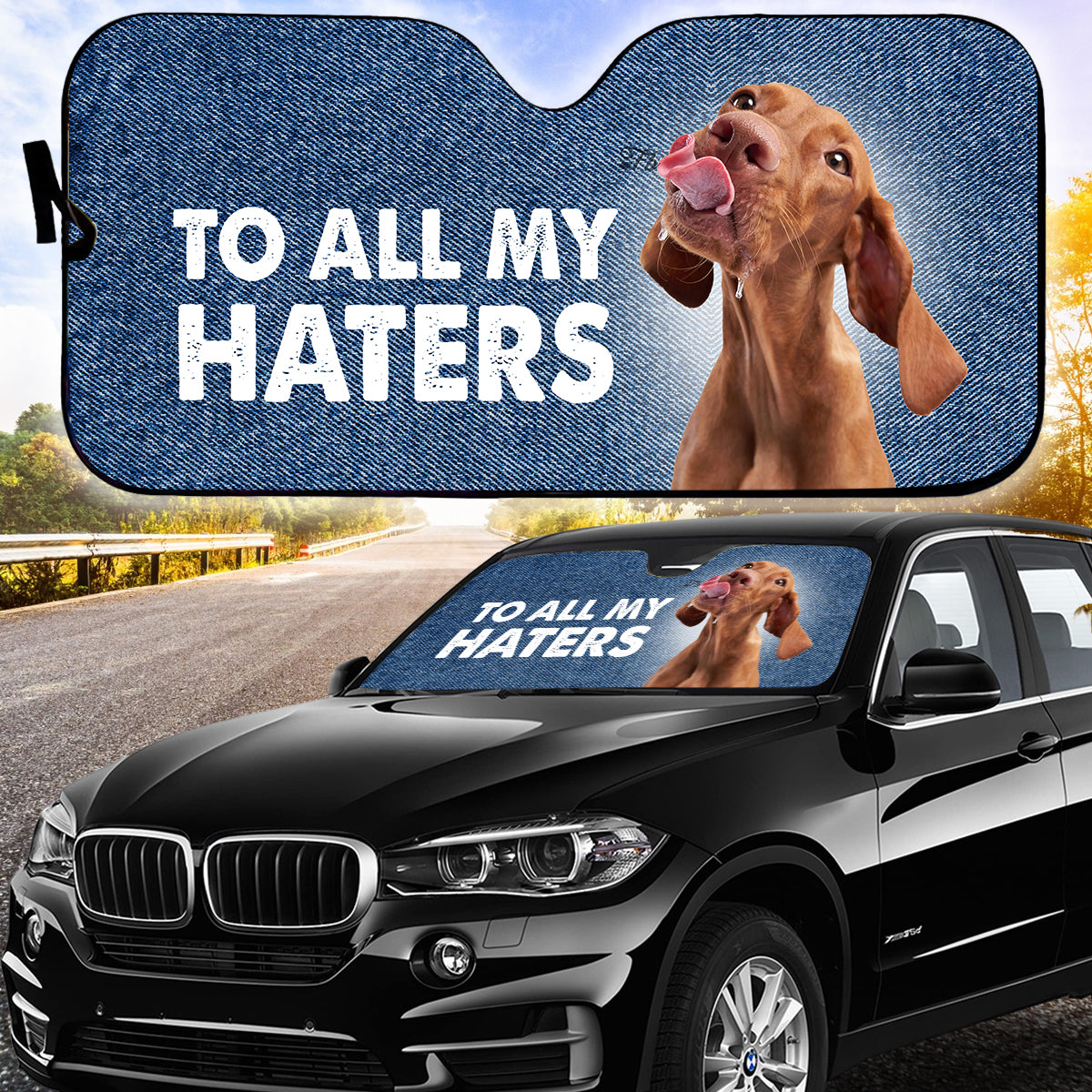 Petthouse | Vizsla To All My Haters Sunshades For Car Funny Dog Sunshade Denim Windshield Cover Weatherproof