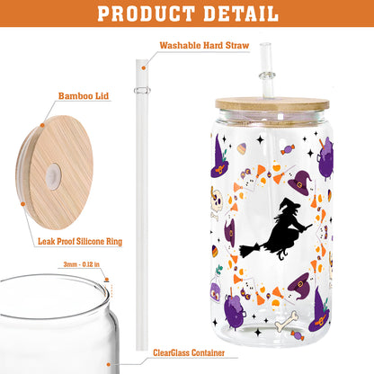 Petthouse | Halloween Vibes Glass Can, Witch Halloween Glass Cup, Cute Ghost Ice Coffee Cup, Halloween Gift