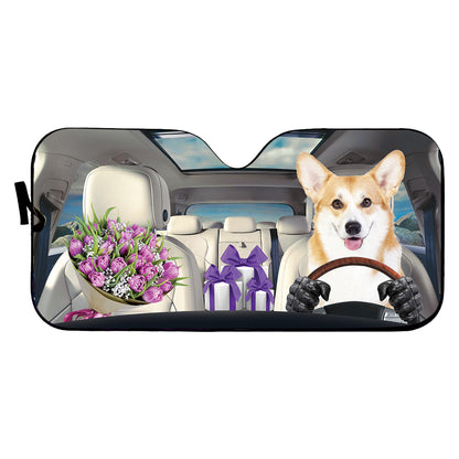 Petthouse | Custom Photo Sun Shade Corgi Flower Bouquet Gift Car Sun Shade Windshield Dog Mom Sunshade