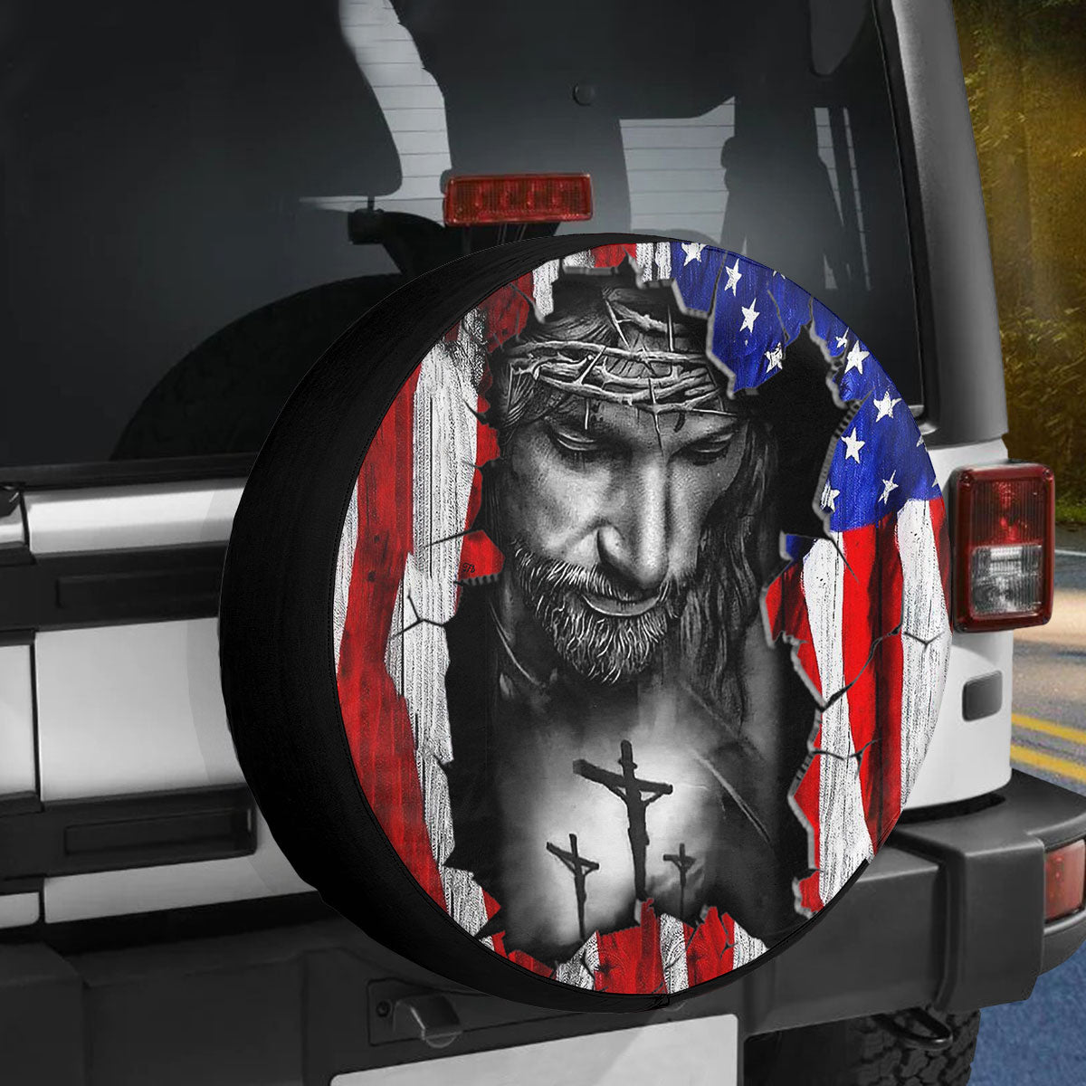 Petthouse | Jesus Grunge Usa Flag Farmhouse Durable Tire Protector Christian Faith Gift Spare Tire Cover