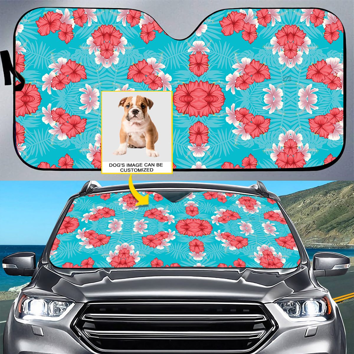 Petthouse | English Bulldog Windshield Sun Shade Customized Photo Car Window Sunshade Hawaii Pattern