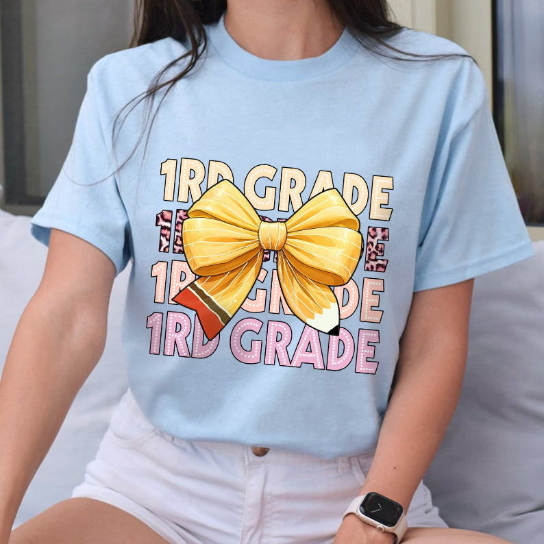 Petthouse | Customized Grade Shirt For Teacher, Back To School Pencil Coquette Bow Shirt