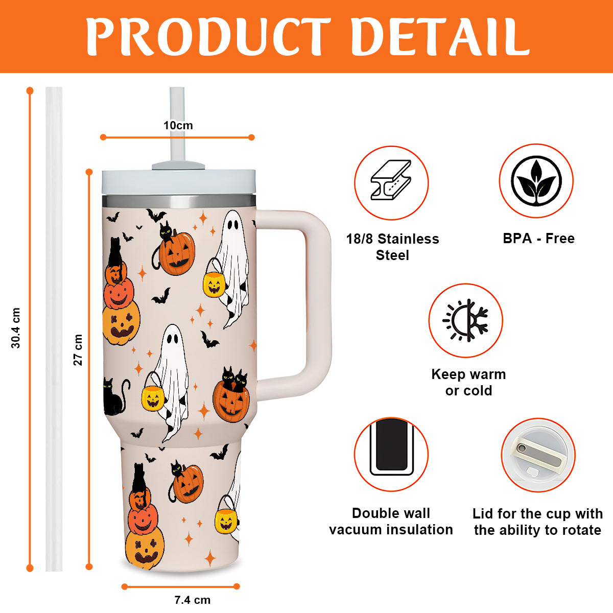 Petthouse | Cute Ghost Halloween 40oz Tumbler, Pumpkin Black Cat Tumbler, Spooky Pumpkin Insulated Cup