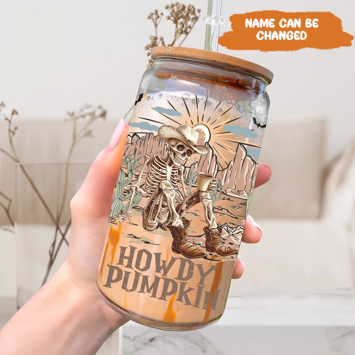 Petthouse | Personalized Skeleton Cowboy Howdy Pumpkin Glass Can, Western Cowboy Coffee Cup, Spooky Skeleton