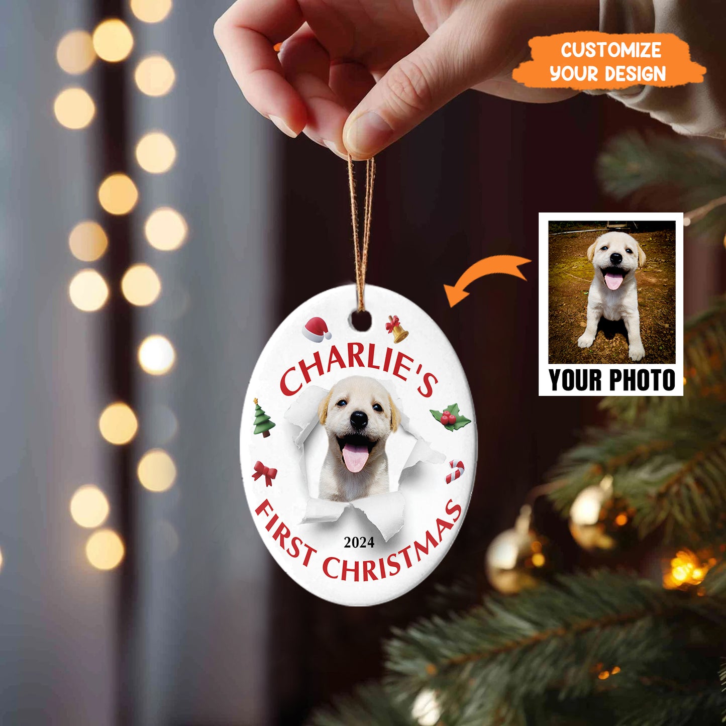 Petthouse | Personalize Dog Photo Ornament, Dog First Christmas, Dog Happy Anniversary, Custom Photo And Text