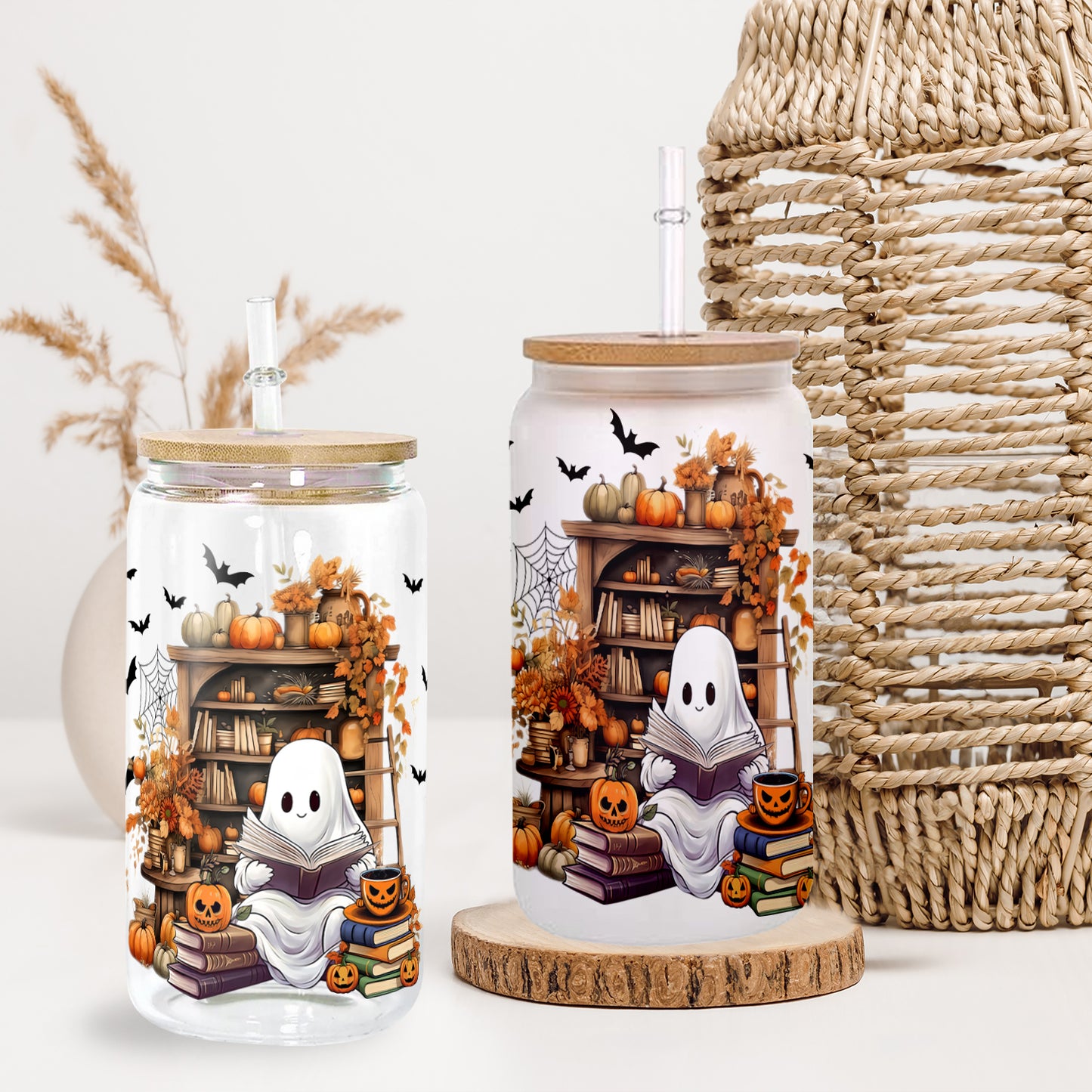 Petthouse | Cute Ghost Reading Book Glass Can, Ghostly Bookish Cup, Housewarming Party, Halloween Book