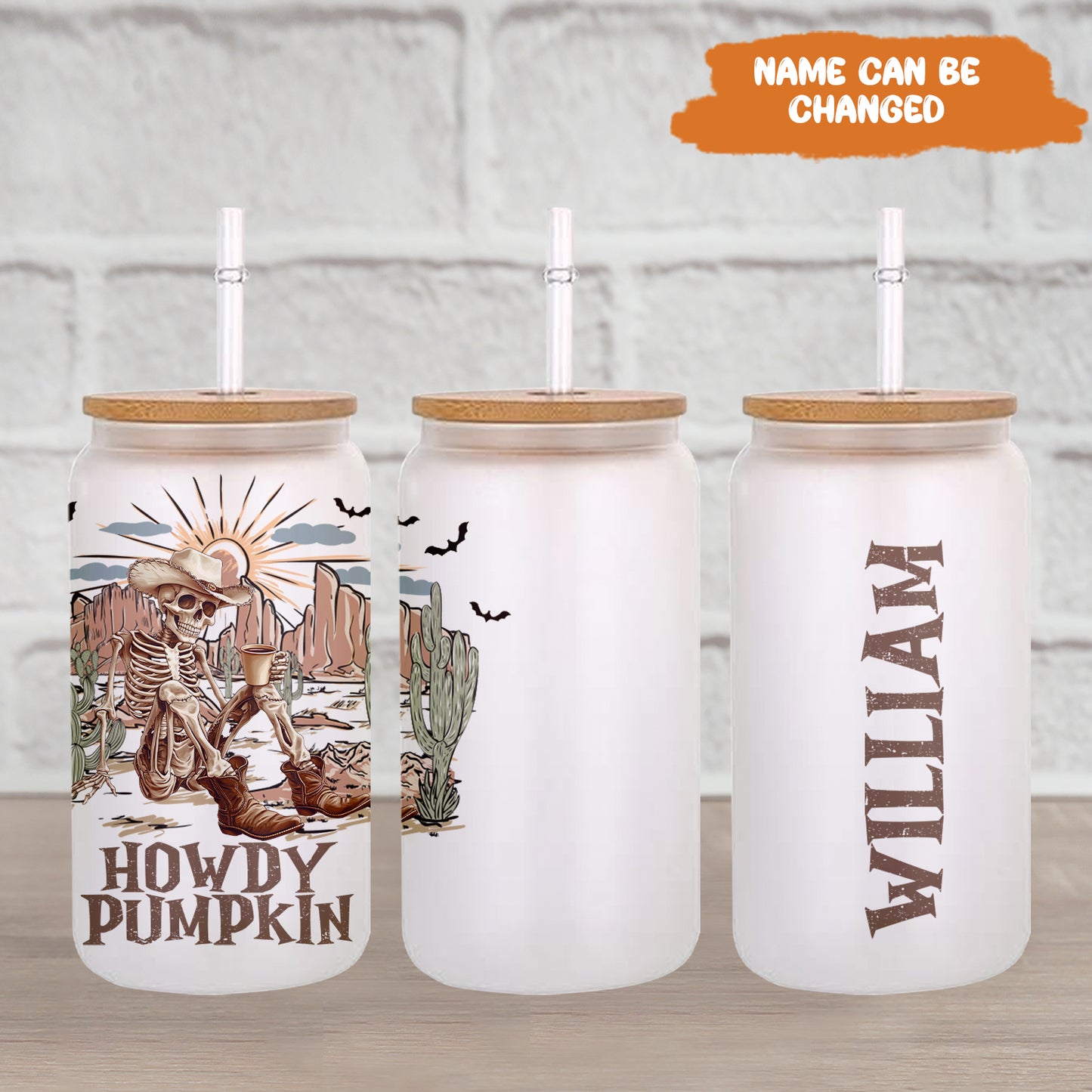 Petthouse | Personalized Skeleton Cowboy Howdy Pumpkin Glass Can, Western Cowboy Coffee Cup, Spooky Skeleton