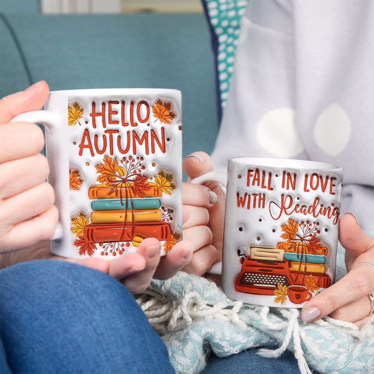 Petthouse | Hello Autumn Ceramic Mug, Fall In Love With Reading 3d Inflated Print Mug, Fall Autumn