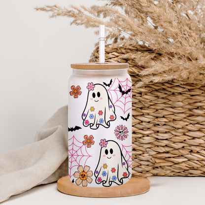 Petthouse | Spooky Ghost Glass Can, Cute Ghost Iced Coffee Glass, Flowers Halloween Glass, Fall Vibes