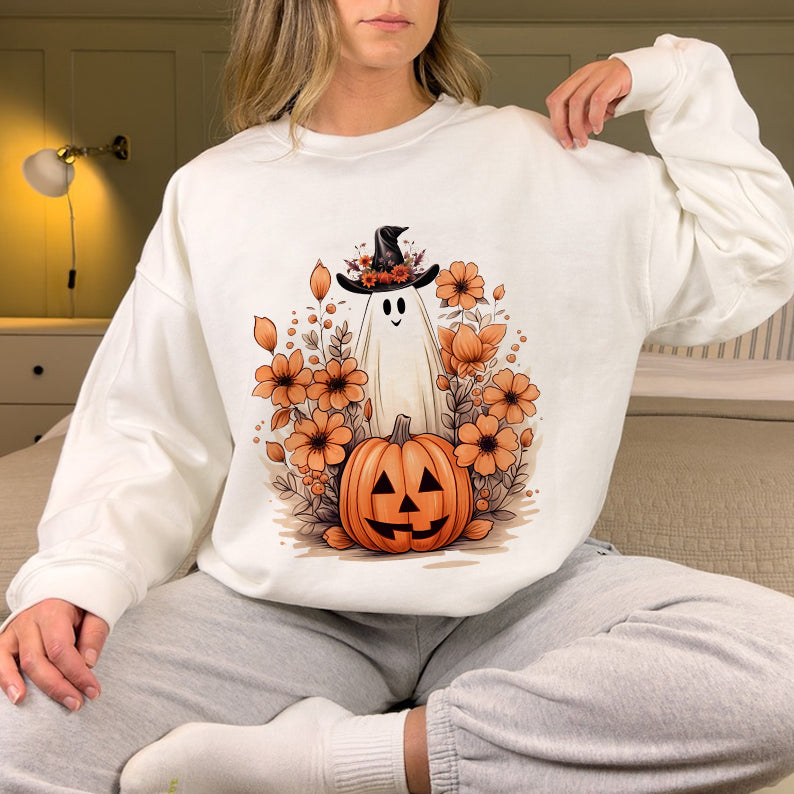 Petthouse | Cute Ghost Pumpkin T-shirt, Fall Autumn Halloween, Floral Ghost Pumpkin, Halloween Shirt