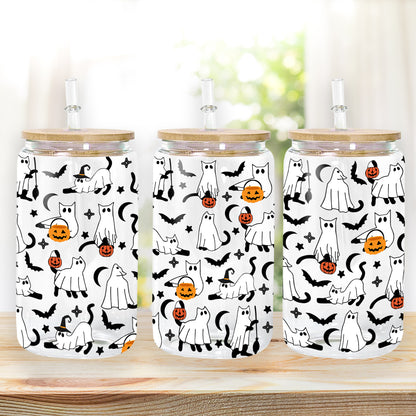 Petthouse | Ghost Cat Glass Can, Boo Ghost Cat Cup, Ghost Cat Spooky Vibes Mug, Ghost Cat Coffee Mug