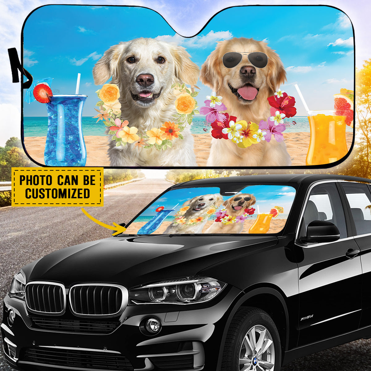 Petthouse | Personalized Golden Retriever Summer Time Sunshade For Car Windshield Sun Shade Dog Sunshade